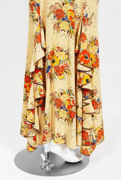 1930s Marigold Floral Garden Print Silk Flutter-Sleeve Ruffle Maxi Dress