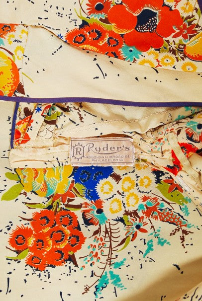 1930s Marigold Floral Garden Print Silk Flutter-Sleeve Ruffle Maxi Dress