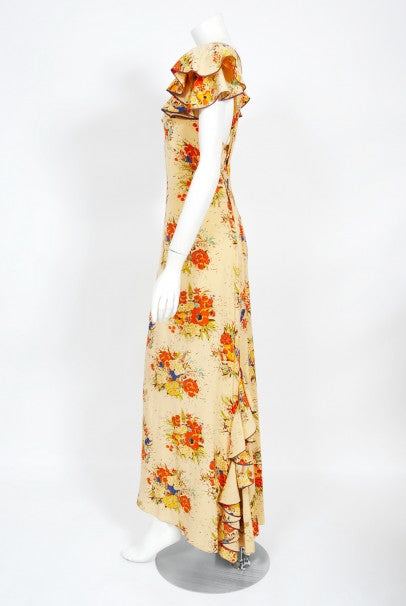 1930s Marigold Floral Garden Print Silk Flutter-Sleeve Ruffle Maxi Dress