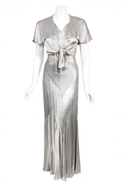 1930&#39;s Old Hollywood Silver Satin Bias-Cut Gown &amp; Flutter-Sleeve Jacket