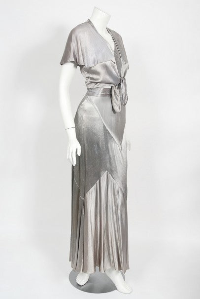1930&#39;s Old Hollywood Silver Satin Bias-Cut Gown &amp; Flutter-Sleeve Jacket