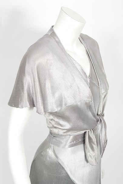 1930&#39;s Old Hollywood Silver Satin Bias-Cut Gown &amp; Flutter-Sleeve Jacket