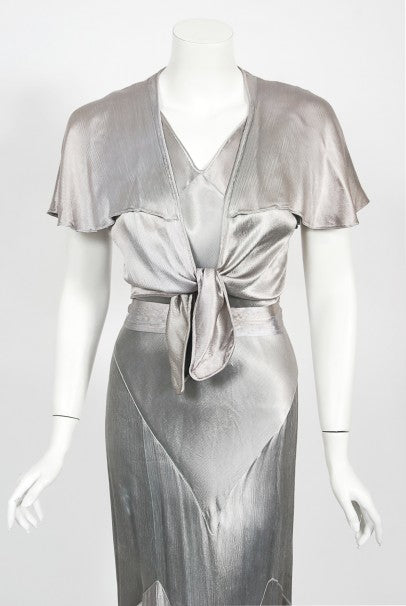 1930&#39;s Old Hollywood Silver Satin Bias-Cut Gown &amp; Flutter-Sleeve Jacket