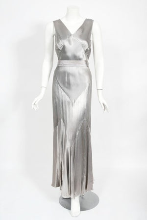 1930's Old Hollywood Silver Satin Bias-Cut Gown & Flutter-Sleeve Jacket