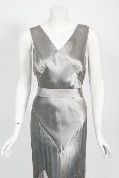 1930&#39;s Old Hollywood Silver Satin Bias-Cut Gown &amp; Flutter-Sleeve Jacket