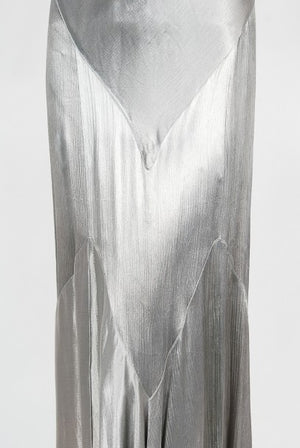 1930's Old Hollywood Silver Satin Bias-Cut Gown & Flutter-Sleeve Jacket
