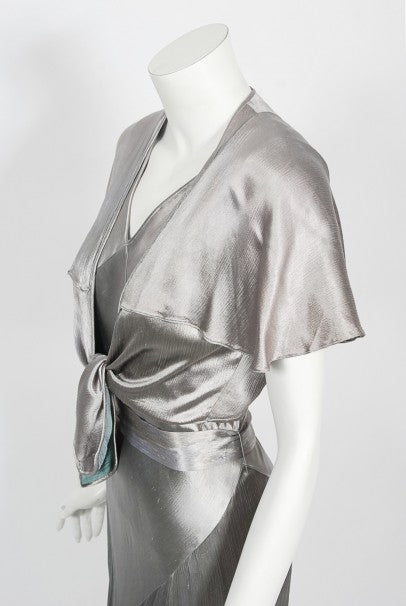1930&#39;s Old Hollywood Silver Satin Bias-Cut Gown &amp; Flutter-Sleeve Jacket