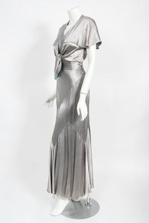 1930's Old Hollywood Silver Satin Bias-Cut Gown & Flutter-Sleeve Jacket