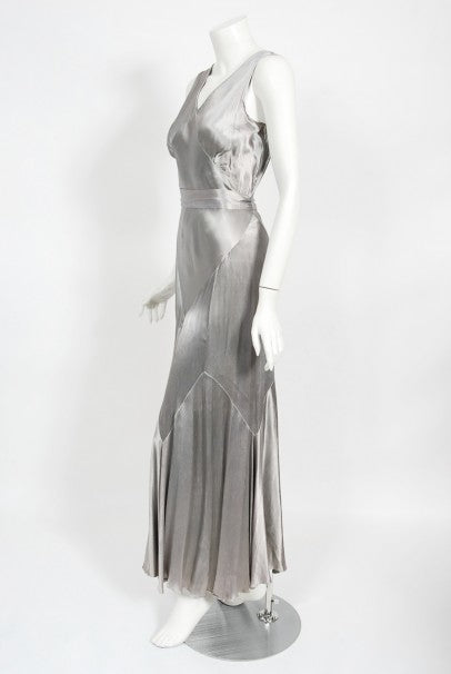1930's Old Hollywood Silver Satin Bias-Cut Gown Flutter-Sleeve