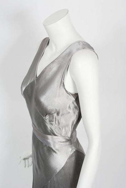 1930&#39;s Old Hollywood Silver Satin Bias-Cut Gown &amp; Flutter-Sleeve Jacket
