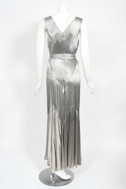 1930&#39;s Old Hollywood Silver Satin Bias-Cut Gown &amp; Flutter-Sleeve Jacket