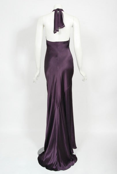 1998 Gianni Versace Couture Purple Silk Halter Bias-Cut Sculpted Gown