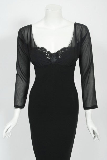 2001 Dolce &amp; Gabbana Sheer Black Silk Built-In Bra Plunge Hourglass Gown
