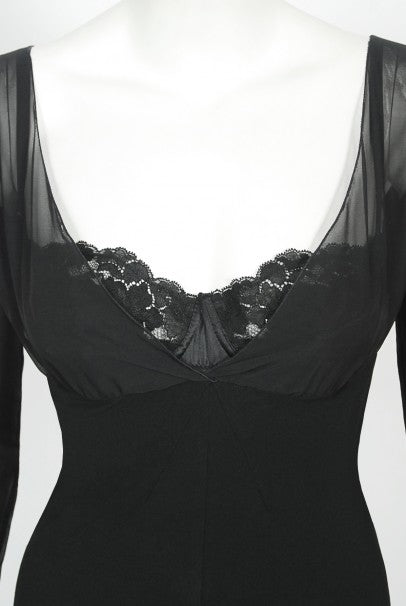 2001 Dolce &amp; Gabbana Sheer Black Silk Built-In Bra Plunge Hourglass Gown