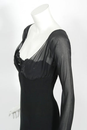 2001 Dolce & Gabbana Sheer Black Silk Built-In Bra Plunge Hourglass Gown