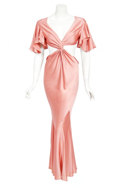 2004 Alexander McQueen Lifetime Runway Pink Silk Cut-Out Ruffle Gown
