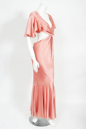 2004 Alexander McQueen Lifetime Runway Pink Silk Cut-Out Ruffle Gown