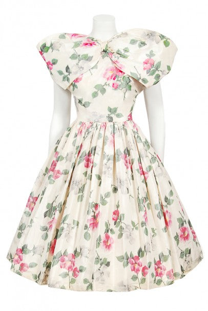1950&#39;s Gustave Tassell Couture Pink Roses Silk Bow-Bodice Full Dress
