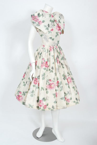 1950&#39;s Gustave Tassell Couture Pink Roses Silk Bow-Bodice Full Dress