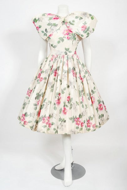 1950&#39;s Gustave Tassell Couture Pink Roses Silk Bow-Bodice Full Dress