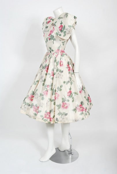 1950&#39;s Gustave Tassell Couture Pink Roses Silk Bow-Bodice Full Dress