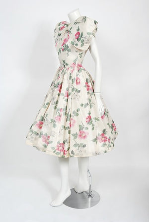 1950's Gustave Tassell Couture Pink Roses Silk Bow-Bodice Full Dress