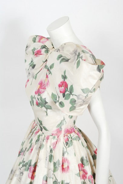 1950&#39;s Gustave Tassell Couture Pink Roses Silk Bow-Bodice Full Dress