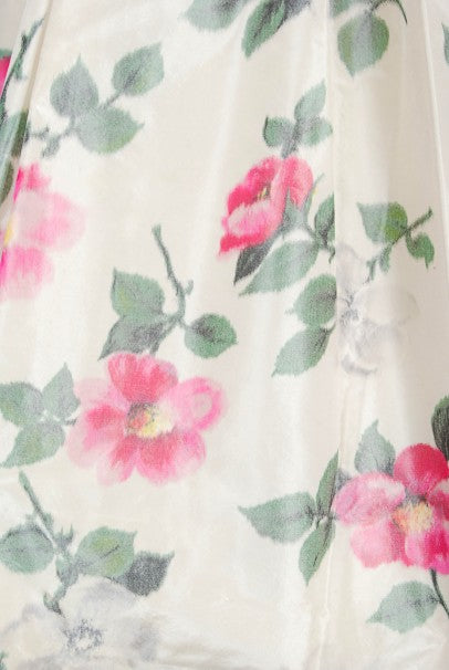 1950&#39;s Gustave Tassell Couture Pink Roses Silk Bow-Bodice Full Dress