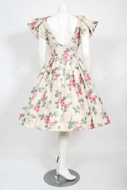 1950&#39;s Gustave Tassell Couture Pink Roses Silk Bow-Bodice Full Dress