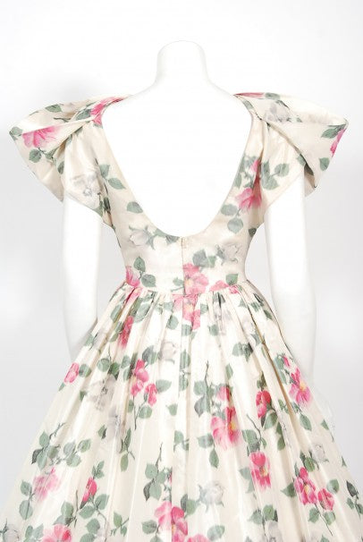 1950&#39;s Gustave Tassell Couture Pink Roses Silk Bow-Bodice Full Dress