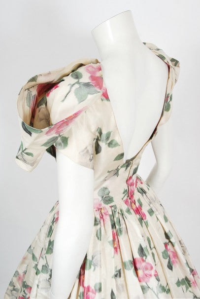1950&#39;s Gustave Tassell Couture Pink Roses Silk Bow-Bodice Full Dress