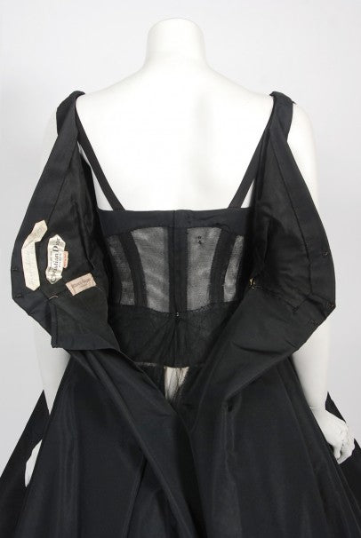 1956 Christian Dior Haute Couture Documented Black Silk &#39;New Look&#39; Dress