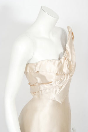 1940's Irene Lentz Couture Cream Silk Sculpted Asymmetric Bustier Gown