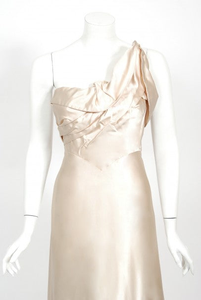 1940's Irene Lentz Couture Cream Silk Sculpted Asymmetric Bustier Gown