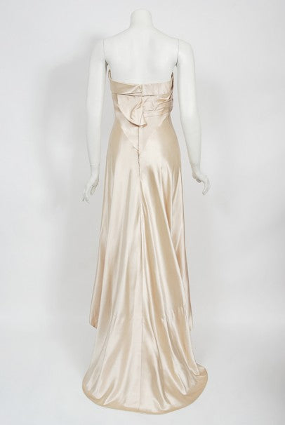 1940&#39;s Irene Lentz Couture Cream Silk Sculpted Asymmetric Bustier Gown