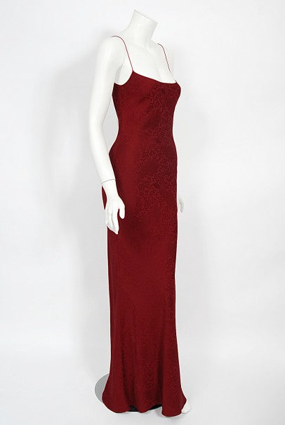 1998 John Galliano Wine-Red Patterned Stretch Silk Hourglass Slip Gown