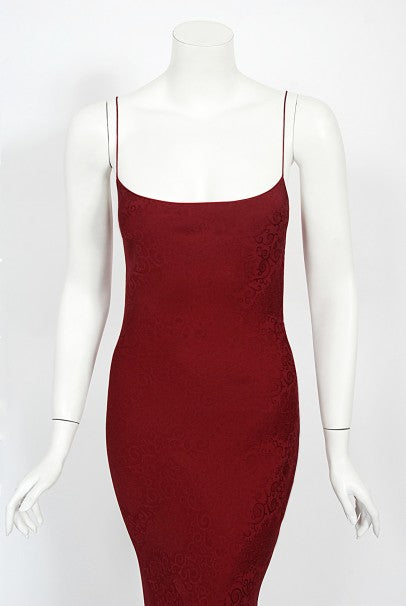 1998 John Galliano Wine-Red Patterned Stretch Silk Hourglass Slip Gown