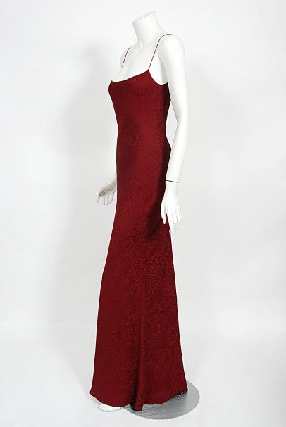 1998 John Galliano Wine-Red Patterned Stretch Silk Hourglass Slip Gown