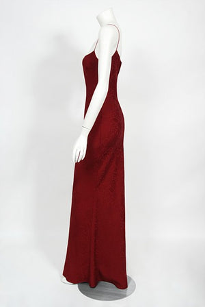 1998 John Galliano Wine-Red Patterned Stretch Silk Hourglass Slip Gown