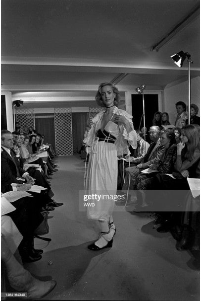 1970's Bill Gibb White Eyelet Cotton & Jersey Low Plunge Maxi Wrap Dress