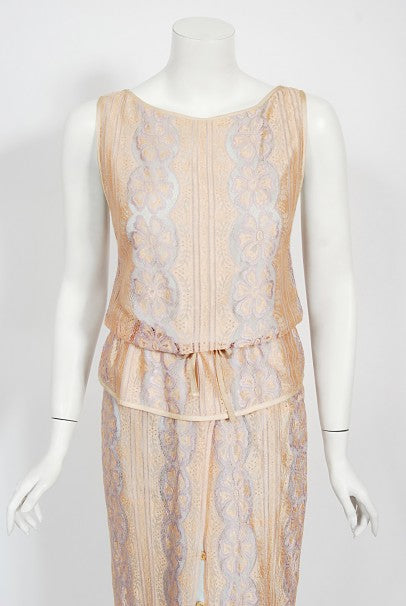 1970&#39;s Bill Gibb Couture Peach &amp; Lilac Lace Three-Piece Caftan Gown Set