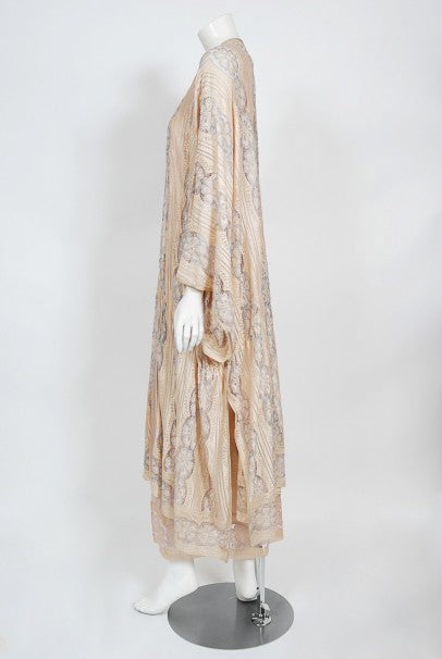 1970&#39;s Bill Gibb Couture Peach &amp; Lilac Lace Three-Piece Caftan Gown Set