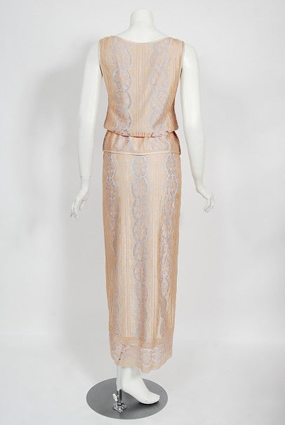 1970&#39;s Bill Gibb Couture Peach &amp; Lilac Lace Three-Piece Caftan Gown Set