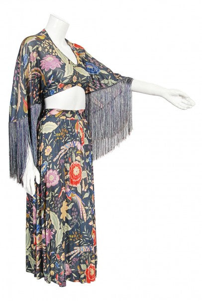 1971 Missoni Couture Floral Bird Print Silk-Jersey Fringe Crop Top Set