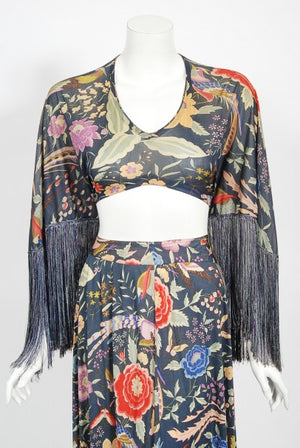 1971 Missoni Couture Floral Bird Print Silk-Jersey Fringe Crop Top Set