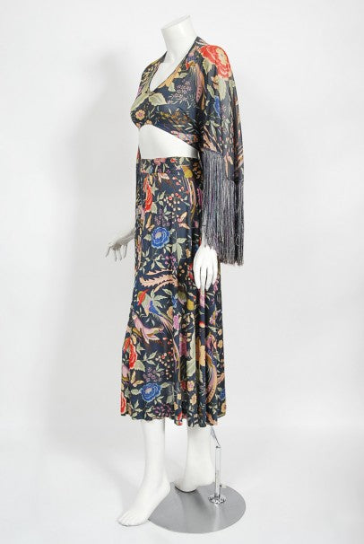 1971 Missoni Couture Floral Bird Print Silk-Jersey Fringe Crop Top Set