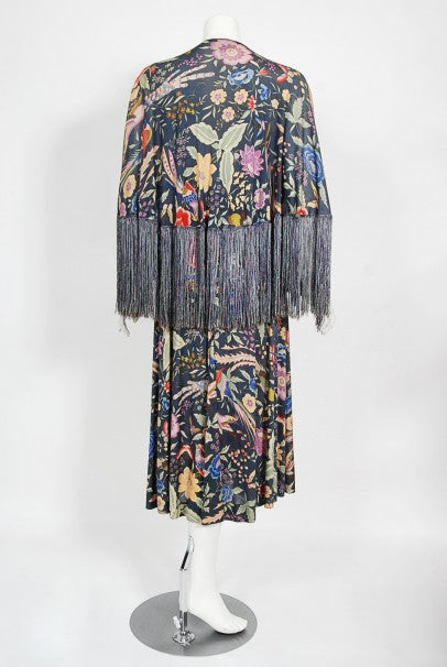 1971 Missoni Couture Floral Bird Print Silk-Jersey Fringe Crop Top Set