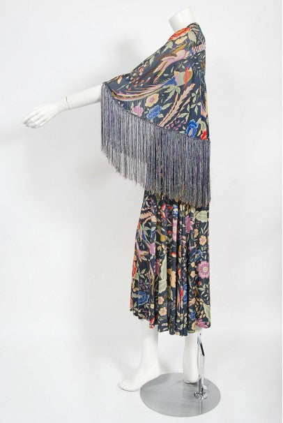 1971 Missoni Couture Floral Bird Print Silk-Jersey Fringe Crop Top Set