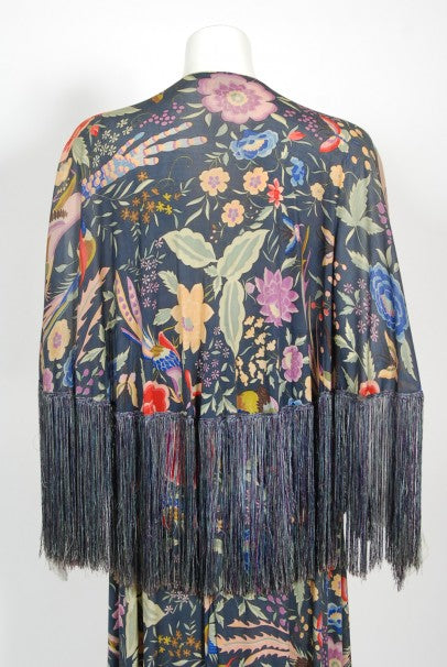 1971 Missoni Couture Floral Bird Print Silk-Jersey Fringe Crop Top Set