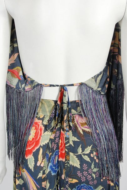1971 Missoni Couture Floral Bird Print Silk-Jersey Fringe Crop Top Set